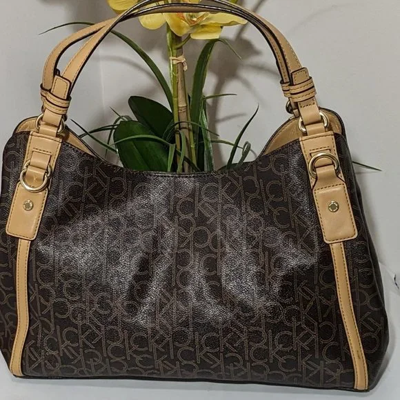 Calvin Klein Signature Tote Shoulder Bag Brown CK Monogram Print Brown Leather